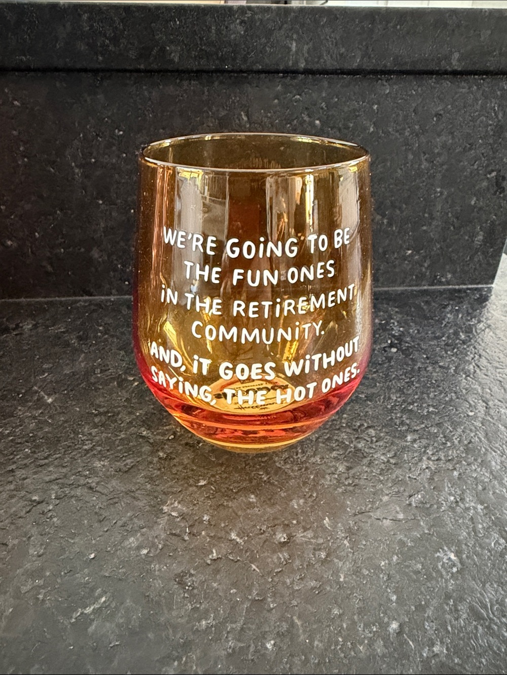 Hallmark Amber-Orange Stemless Wine Glass with Retirement Quote